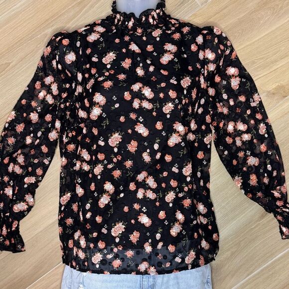 A Love Story Black Floral Roseann Mock Neck Puff Sleeve - Picture 2 of 16